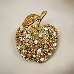 Jeweled Apple Brooch Teacher Gift School Green Gold Champagne Rhinestone Pin